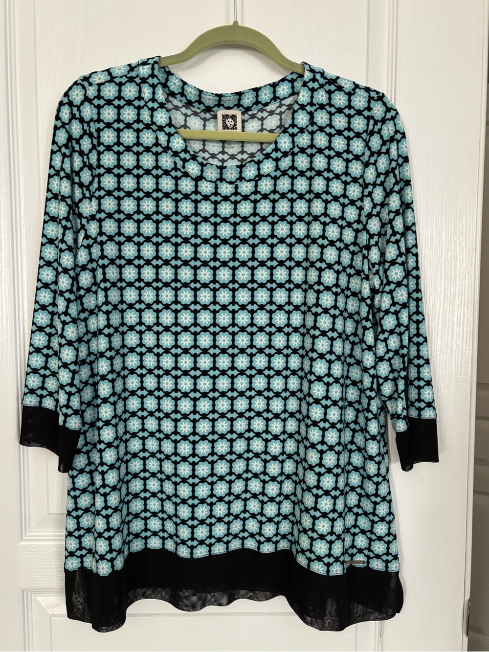 Anne Klein Aqua Floral Geometric Tunic with Black Trim